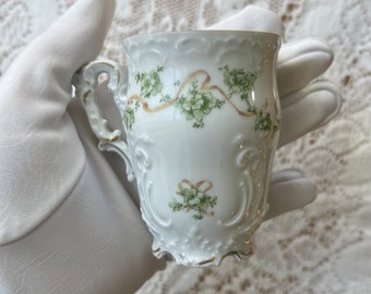 Delicate Vintage / Antique Hermann Ohme Eglantine Demitasse Cup / Small Coffee or Tea Cup, Green Flowers Tan Ribbon Textured White Porcelain