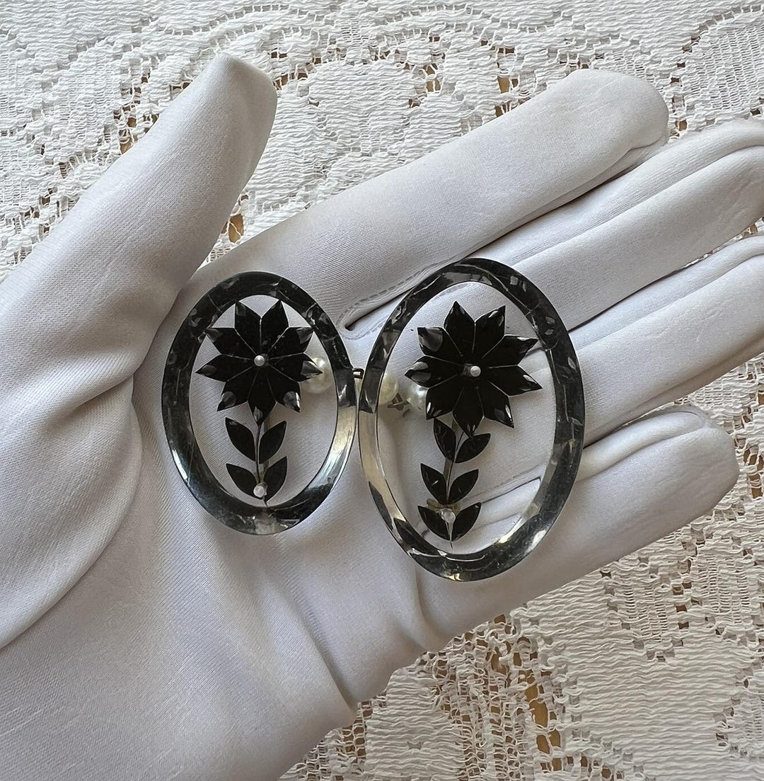 Vintage Estate Two Chained Oval Clear Lucite Brooches, Black Flowers ...