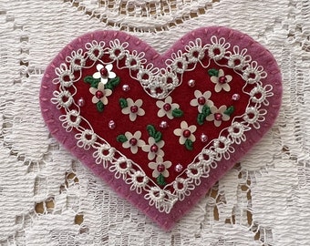 Handmade Felt Red and Pink Heart Shaped Brooch / Pin, Cream Sequin Flowers, Vintage Lace, Red / Pink Pearl Beads