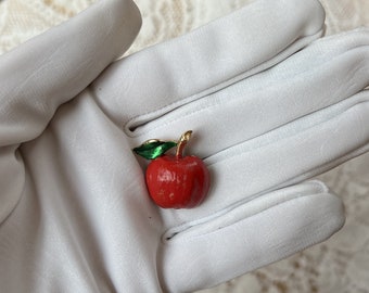 Little Vintage Signed Crown Trifari Enamel Painted Red Apple Pin / Brooch, Green Leaves