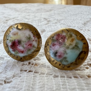 Two Vintage / Antique Hand Painted Porcelain Button Studs / Collar Studs / Shirt Studs, Gold Gilt Edges, Pink Roses image 1