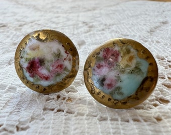 Two Vintage / Antique Hand Painted Porcelain Button Studs / Collar Studs / Shirt Studs, Gold Gilt Edges, Pink Roses