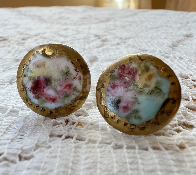 Two Vintage / Antique Hand Painted Porcelain Button Studs / Collar Studs / Shirt Studs, Gold Gilt Edges, Pink Roses image 1