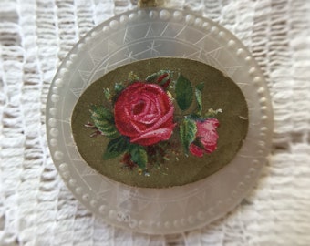 OOAK Antique Victorian Scrapbook Piece on Vintage Chinese Mother of Pearl / MOP Round Gaming Chip Embellished Pendant / Necklace, Pink Roses