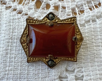 Small Vintage / Antique Smooth Carnelian Rectangular Pin / Brooch with Marcasite Accents