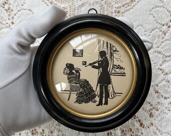 Vintage C&A Richards Musical Moments Silhouette, Small, Round, Black on Cream, Man Playing Violin for Sitting Lady, 5264 / 5265, Domed Glass