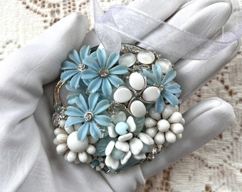 Vintage Light Blue and White Vintage Jewelry Hand Embellished Mirrored Round Shaped Ornament, Rhinestones, Flowers / Floral, One of a Kind