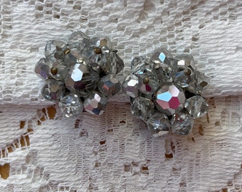 Shimmery Vintage Silvery Gray / Grey Cluster Bead Clip On Earrings, Clear Faceted Glass Beads, Mirror Like AB / Aurora Borealis Beads