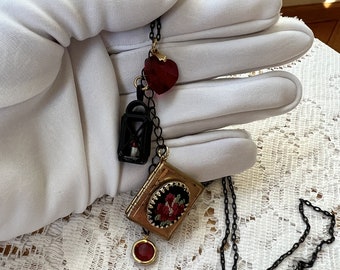 One of a Kind Mixed Media Necklace, Dangling Vintage Red Crystal Heart, Faux Black Lantern with Candle, Red Bezel, Book Locket with Red Rose