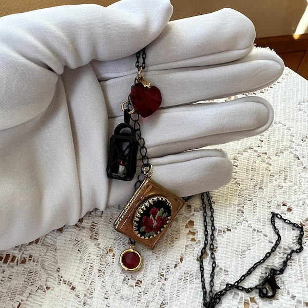 One of a Kind Mixed Media Necklace, Dangling Vintage Red Crystal Heart, Faux Black Lantern with Candle, Red Bezel, Book Locket with Red Rose