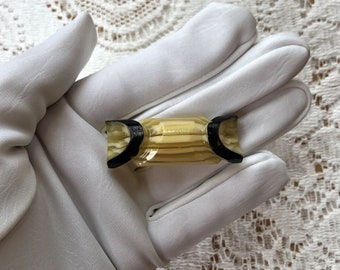 Unique Vintage Estate Celluloid / Lucite Brooch / Pin, Honey Clear and Creamy Off-White Stripes, Black Accent, Art Deco