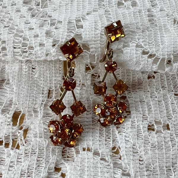 Vintage Warm Honey Yellow Rhinestone Dangling Screw Back Earrings, Rhinestone Flowers