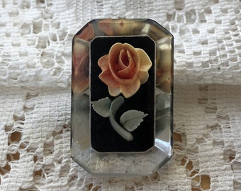 Vintage Long Octagon Shaped Clear Lucite Brooch, Black Background, Peach Rose