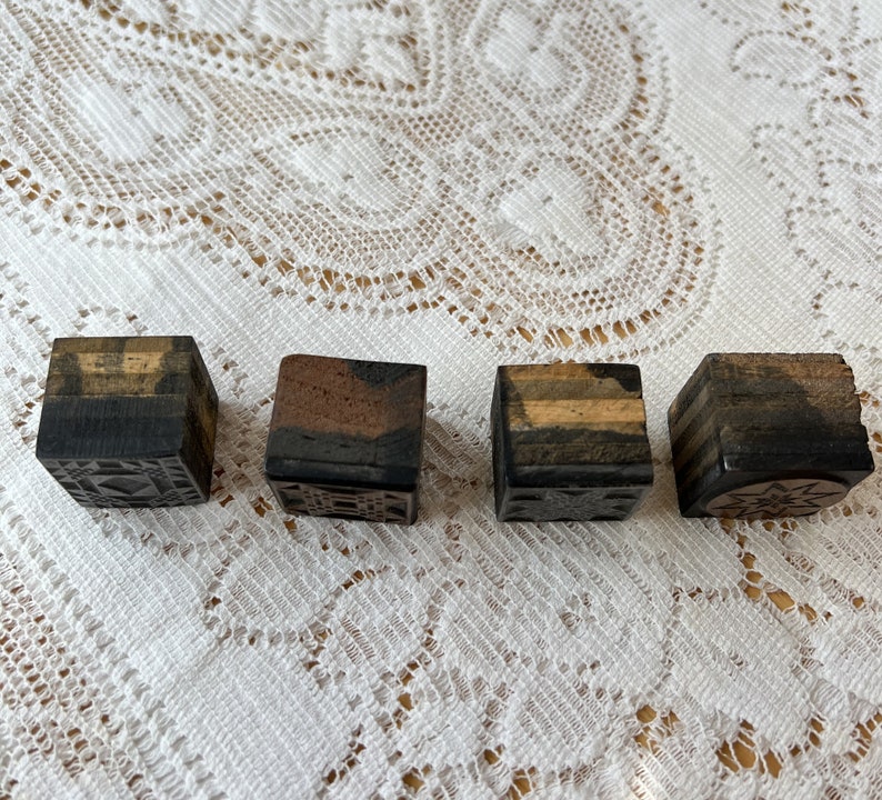 Four Vintage Wood Block Two Metal, Two Copper Quilt Block Themed Stamps, One Letterpress Copperplate image 4