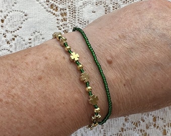 Two Delicate Handmade Stretch Cord Hand Beaded Bracelets, Stackable, St. Patrick's Day, Green Glass Beads, Four Leaf Clover Beads, Size 7.5