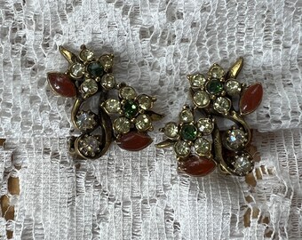 Vintage Signed Florenza Clip On Earrings, Yellow Rhinestone Flowers, Green and AB Rhinestones, Faux Carnelian Accents, Fall / Autumn