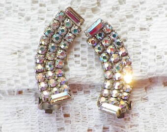 Vintage Sparkling Aurora Borealis / AB Rhinestone Clip On Earrings, Clip Backs, Rhinestones, Curved, Gold Tone Metal, Clips, Vintage Bride