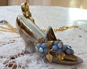 Upcycled Vintage Little Gold Porcelain Shoe Necklace / Pendant, Embellished Little Blue Flowers, Gold Leaves, Aurora Borealis Rhinestones