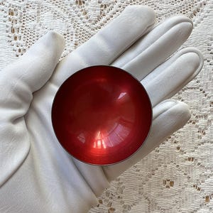 Vintage MCM Red Enamel MEKA Denmark Salt Cellar, Small Pedestal Bowl / Dish