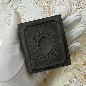 Antique Ornate Book Style Black Thermoplastic Union Case, Ambrotype of Man / Gentleman, Blue Velvet, Ornate Delicate Golden Frame with Glass