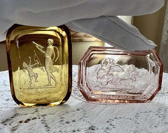 Two Vintage Estate Glass Intaglio Salt Cellars / Salt Dips, Jewelry / Trinket Dishes, Pink and Golden Yellow, Greek Mythology / Greek Gods