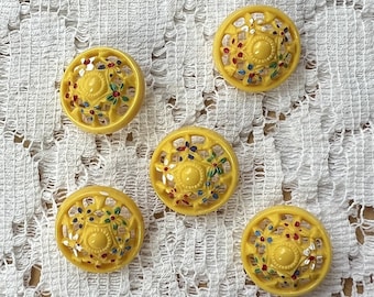 Lot of Five Sunny Yellow Plastic Shank Style Buttons with Painted Colorful Flowers, Domed, 3/4" 18mm
