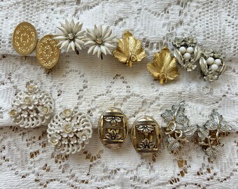 Destash Lot Seven Pairs Vintage Clip On Earrings, White / Gold, Flowers, Leaves, Rhinestones, BSK, Whiting & Davis
