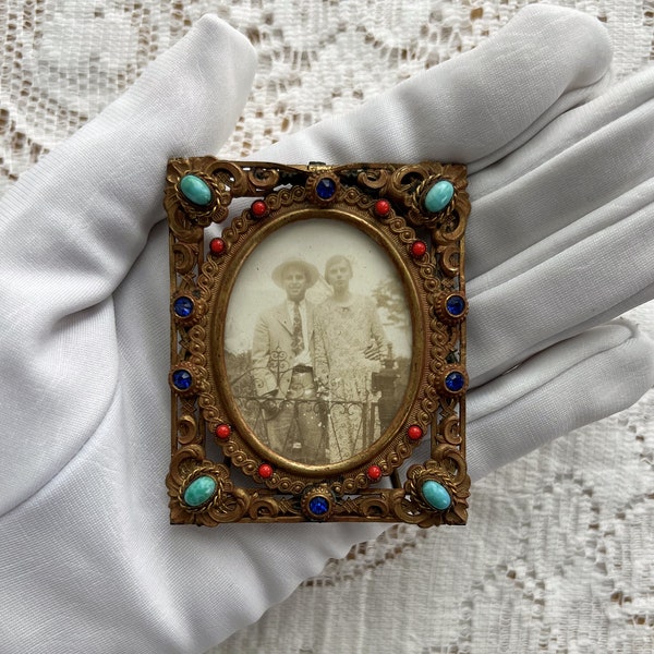 Exquisite Antique Jeweled Small Picture Frame, Colorful Glass Stones, Ornate Filigree, Brass, Turquoise Coral Colored Stones, Blue Glass