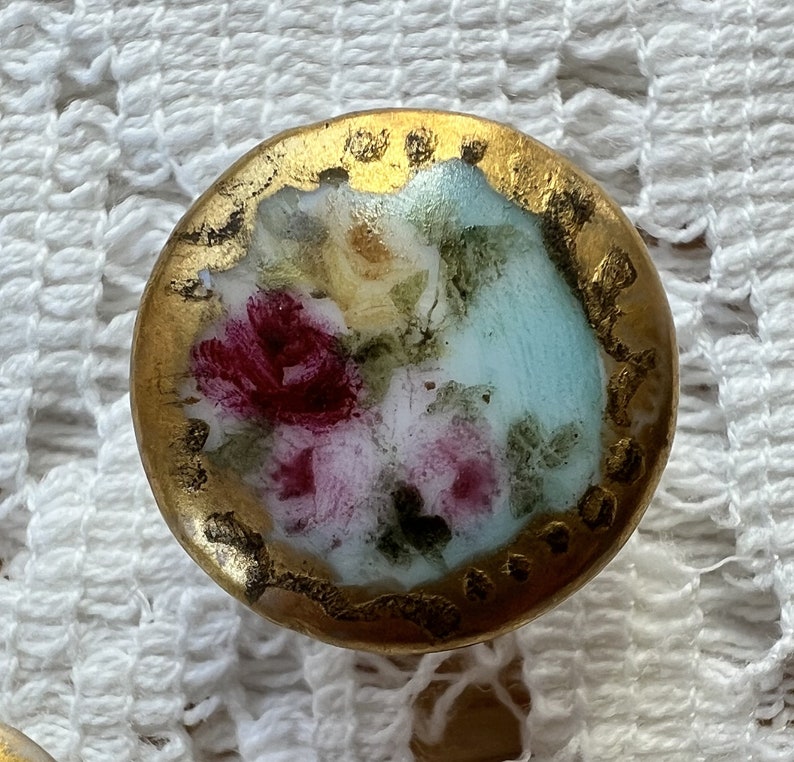 Two Vintage / Antique Hand Painted Porcelain Button Studs / Collar Studs / Shirt Studs, Gold Gilt Edges, Pink Roses image 4