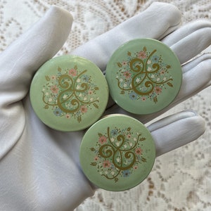 Three Vintage Round Powder Rouge Tins, Mint Green Lids, Floral, Pink Blue and White Flowers, Off White, Pink Blush image 1