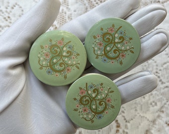 Three Vintage Round Powder Rouge Tins, Mint Green Lids, Floral, Pink Blue and White Flowers, Off White, Pink Blush