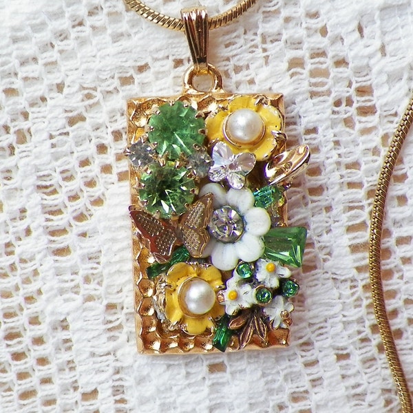 Sunny Flower Garden Vintage Jewelry Pieces Collage / Montage Pendant / Necklace