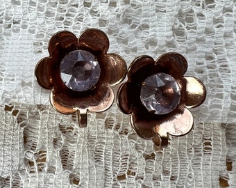 Vintage Copper Flower-Shaped Screw Back Earrings with Very Light Lavender Glass Centers