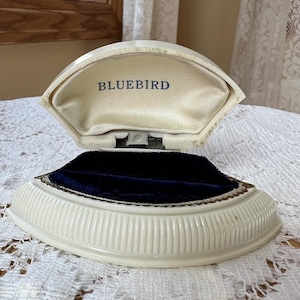 Vintage Creamy Celluloid Bluebird Ring Box / Engagement Ring / Jeweler&#39;s Presentation Box, Wedding, Bluebird of Happiness, Something Blue