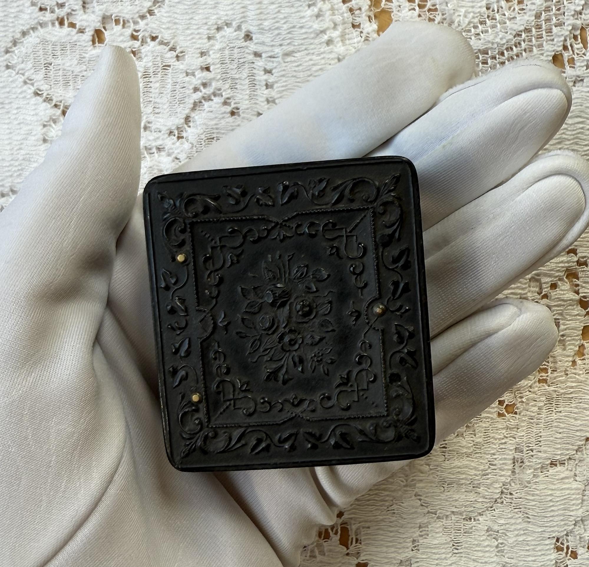Antique Small Ornate Book Style Black Thermoplastic Case, Tintype of Baby, Burgundy Velvet Ornate Delicate Golden Frame with Glass Mourning