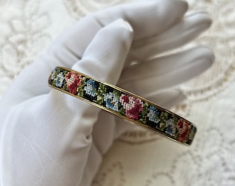 Beautiful Vintage Petit Point Bangle Bracelet, Pink Roses / Blue Flowers on Black Background