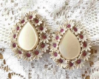 Vintage Japan Tear Drop / Teardrop Shaped Clip On Earrings, Hard Plastic Tiny Flowers, Pink Rhinestone Centers, Faux MOP / Mother of Pearl