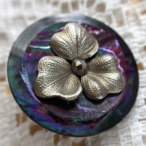 Vintage Estate Dark Iridescent Beveled Shell Button with Silver Tone Three Petal Flower with Steel Cut Center, Metal Shank, 1"/ 26 mm