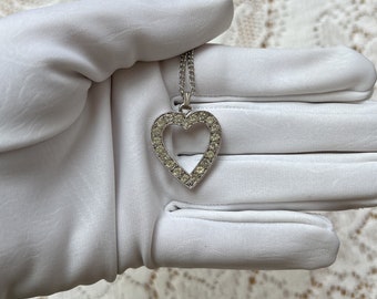 Vintage Heart Shaped Clear Rhinestone Pendant / Necklace, Silver Tone