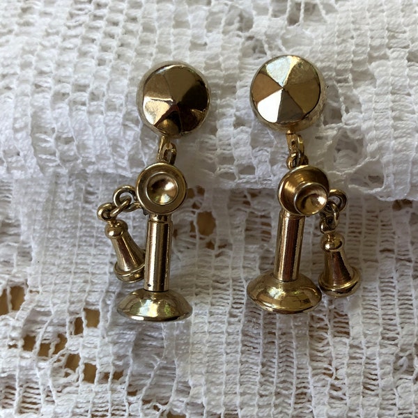 Darling Vintage Dangling Old Time Candlestick Telephone Screw Back Earrings, Gold Tone Metal, Administrative Assistant Gift