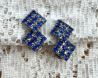 Vintage Double Squares Sapphire Blue Rhinestone Clip-On Earrings