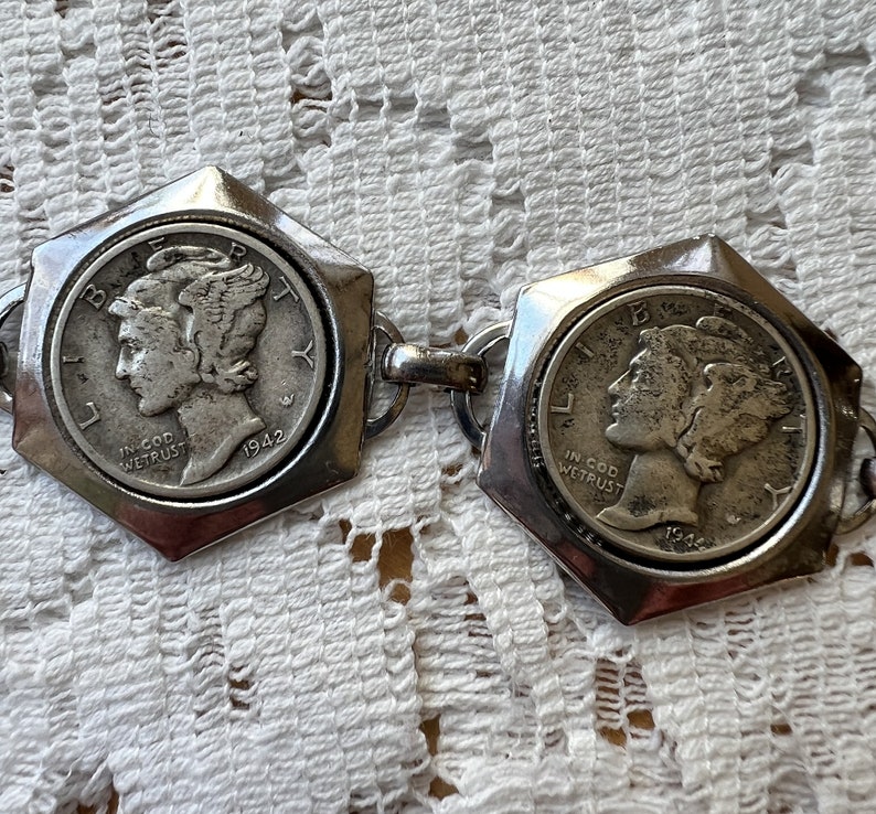 Vintage Estate 1940s Mercury Dimes and Central Barber Dime Bracelet, Mercury god of Commerce, 1915 Lady Liberty, 10 Cent Coin Jewelry image 3