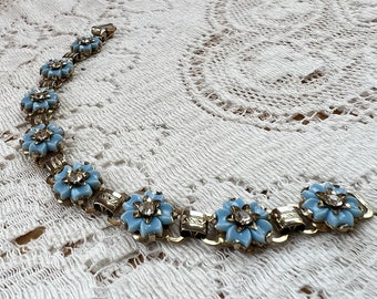 Vintage Light Blue Thermoset Flowers Bracelet with Clear Rhinestone Centers and Decorative Embossed Links