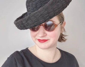 Vintage 1930s 1940s French Restriction Black Voile Tilt Hat Wartime WW2 France