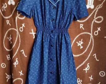 1930s 1940s Indigo Calico Print Workwear Work Dress in a Small Medium