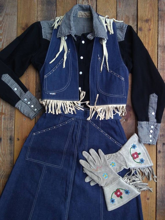 Vintage 1940s 1950s Blue Denim Jeans Vest and Skir