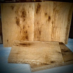 Può includere: Una collezione di assi e pannelli di legno non rifiniti. Il legno è di colore marrone chiaro con nodi e venature marroni più scure. Le assi sono rettangolari e di dimensioni variabili, suggerendo che siano per un progetto di falegnameria o artigianato.