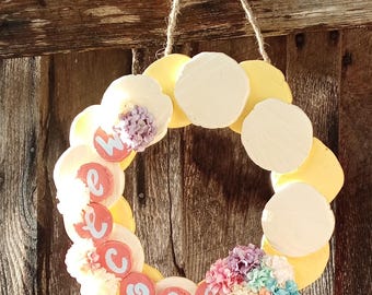 Hand painted wood slice welcome wreath