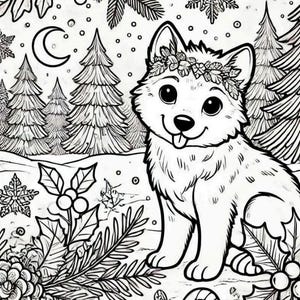 May include: A black and white illustration of a smiling dog wearing a floral wreath, set in a winter scene with pine trees, snowflakes, and a crescent moon. A candy cane and holly are in the foreground.