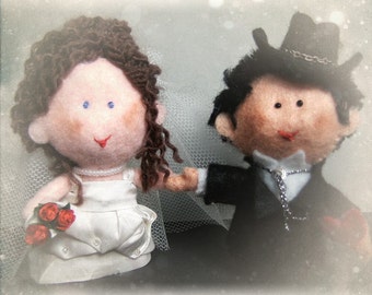 Cute custom wedding cake topper with bride and groom dolls - personalized OOAK marriage felt decoration gift